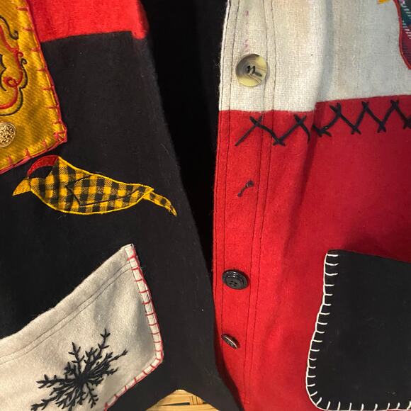At Ease Wool Appliqué Winter Birds Patchwork Jacket 1X Missing Button vintage - Picture 6 of 8